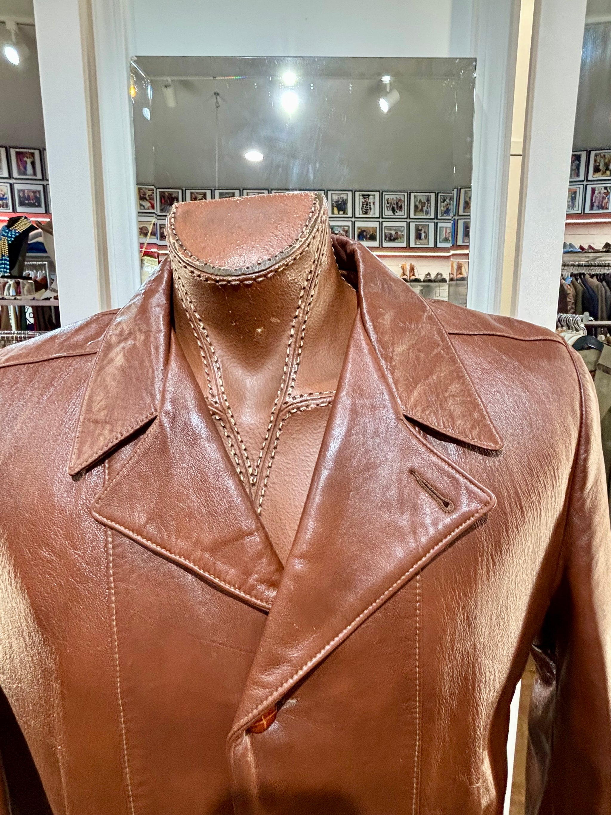 70's Brown Leather 3/4 Jacket By Angel Skin Cabretta Leather