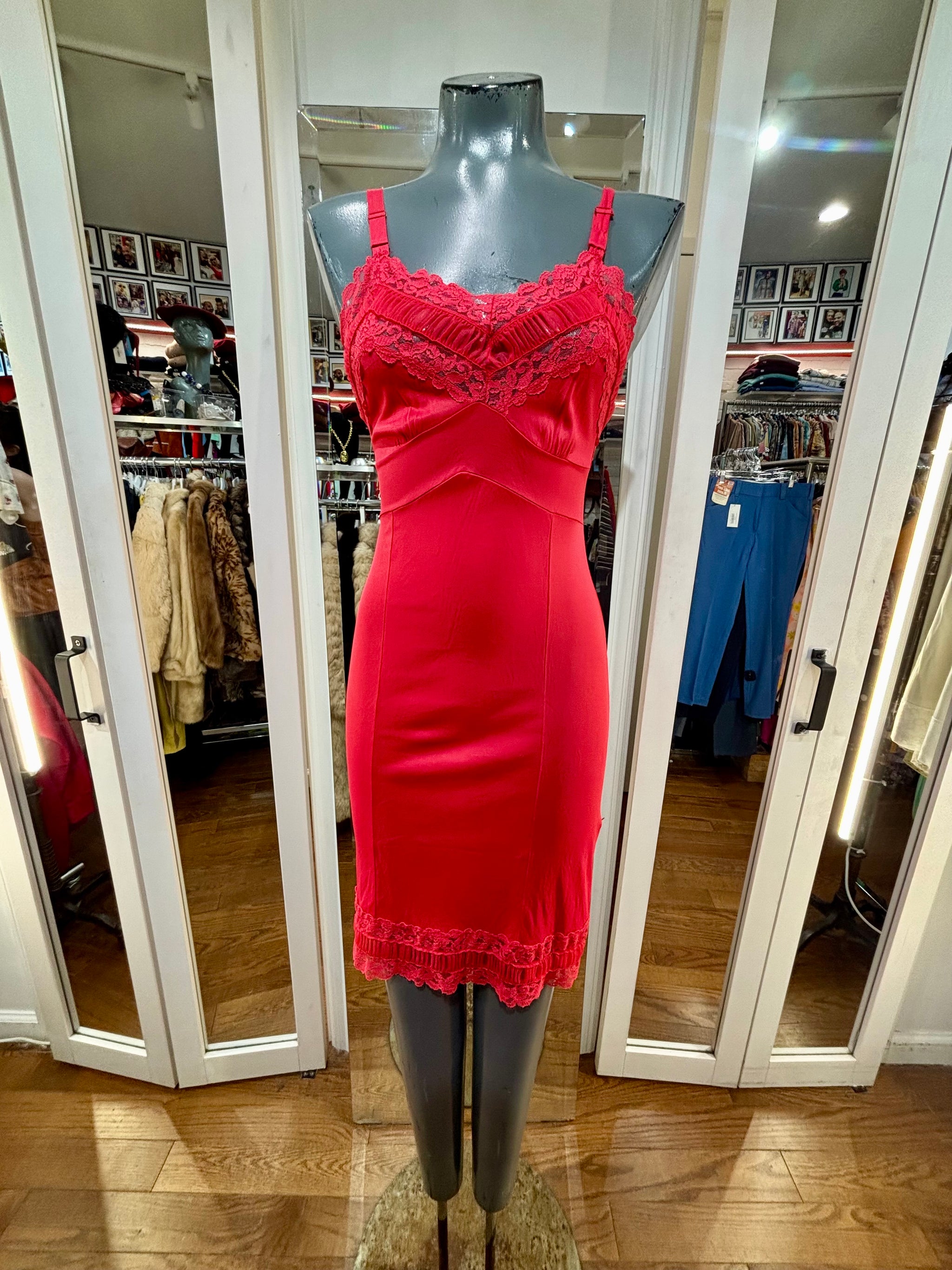 60's Red Slip Dress With Lace Detailing By Sliperfection – Hamlets Vintage