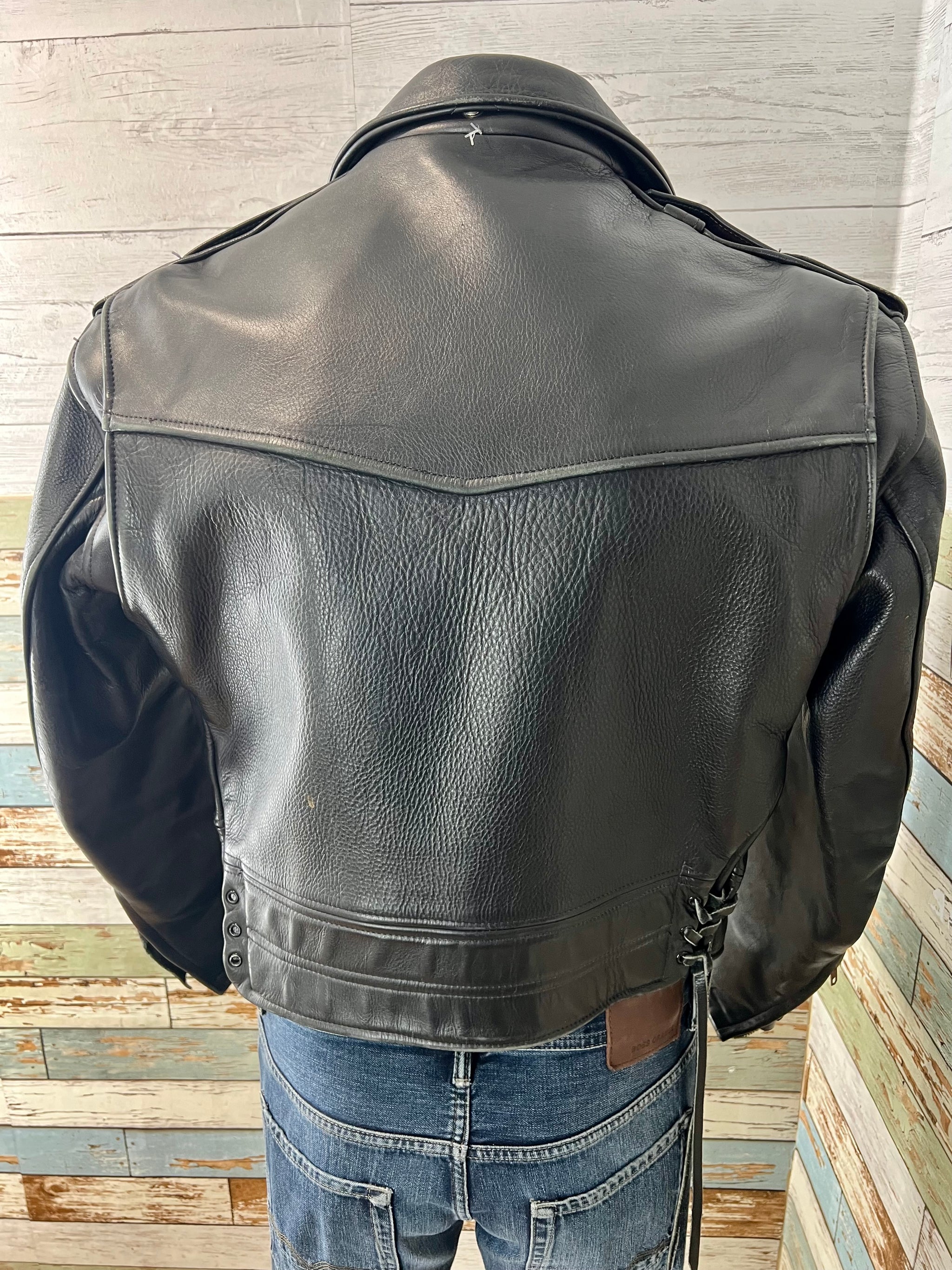 80's Black Zip Cropped Biker Leather Jacket By Leather Man