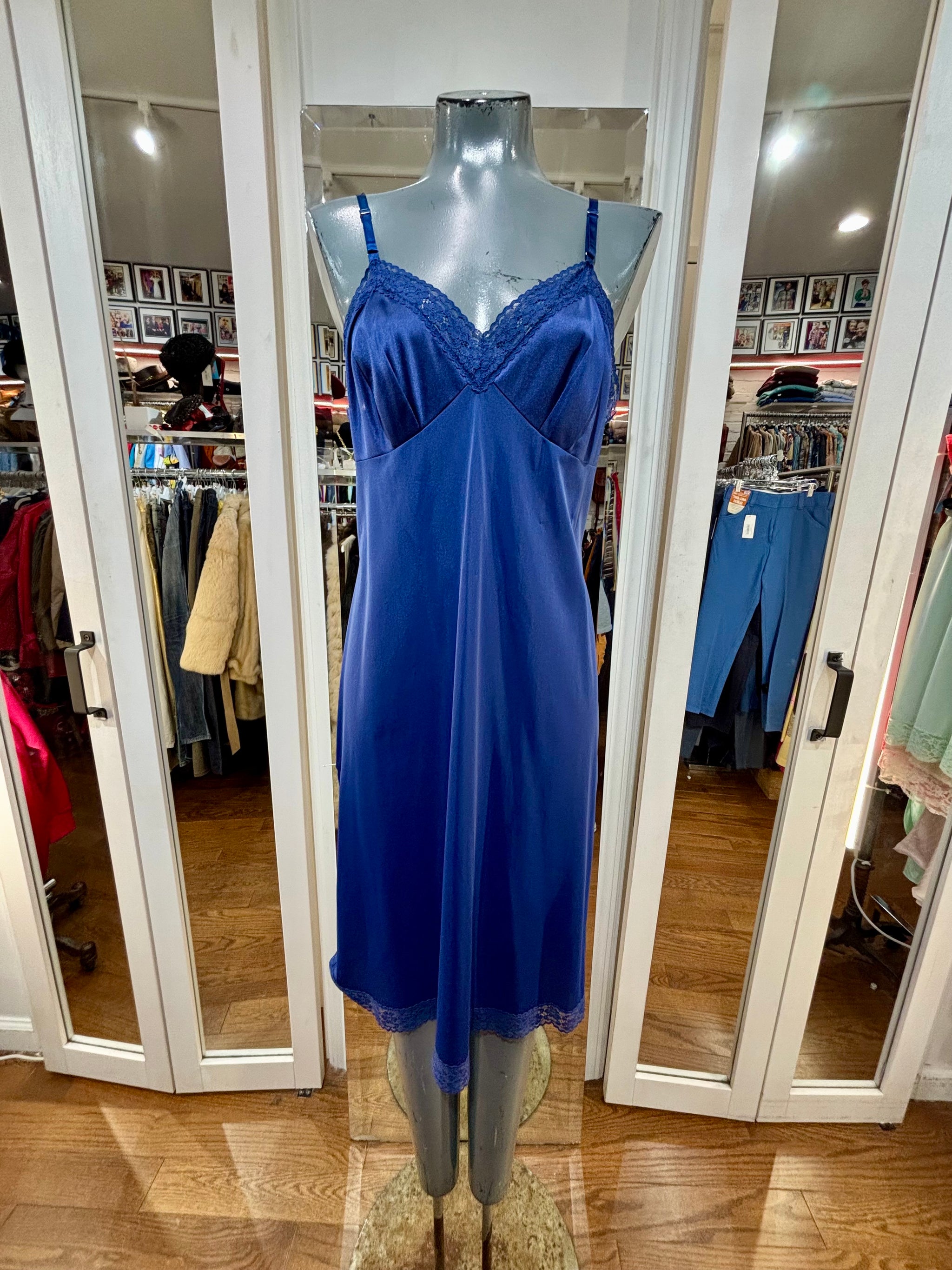 petticoat slip dress 60's Navy Blue Slip Dress With Lace Detailing By Vanity Fair – Hamlets Vintage
