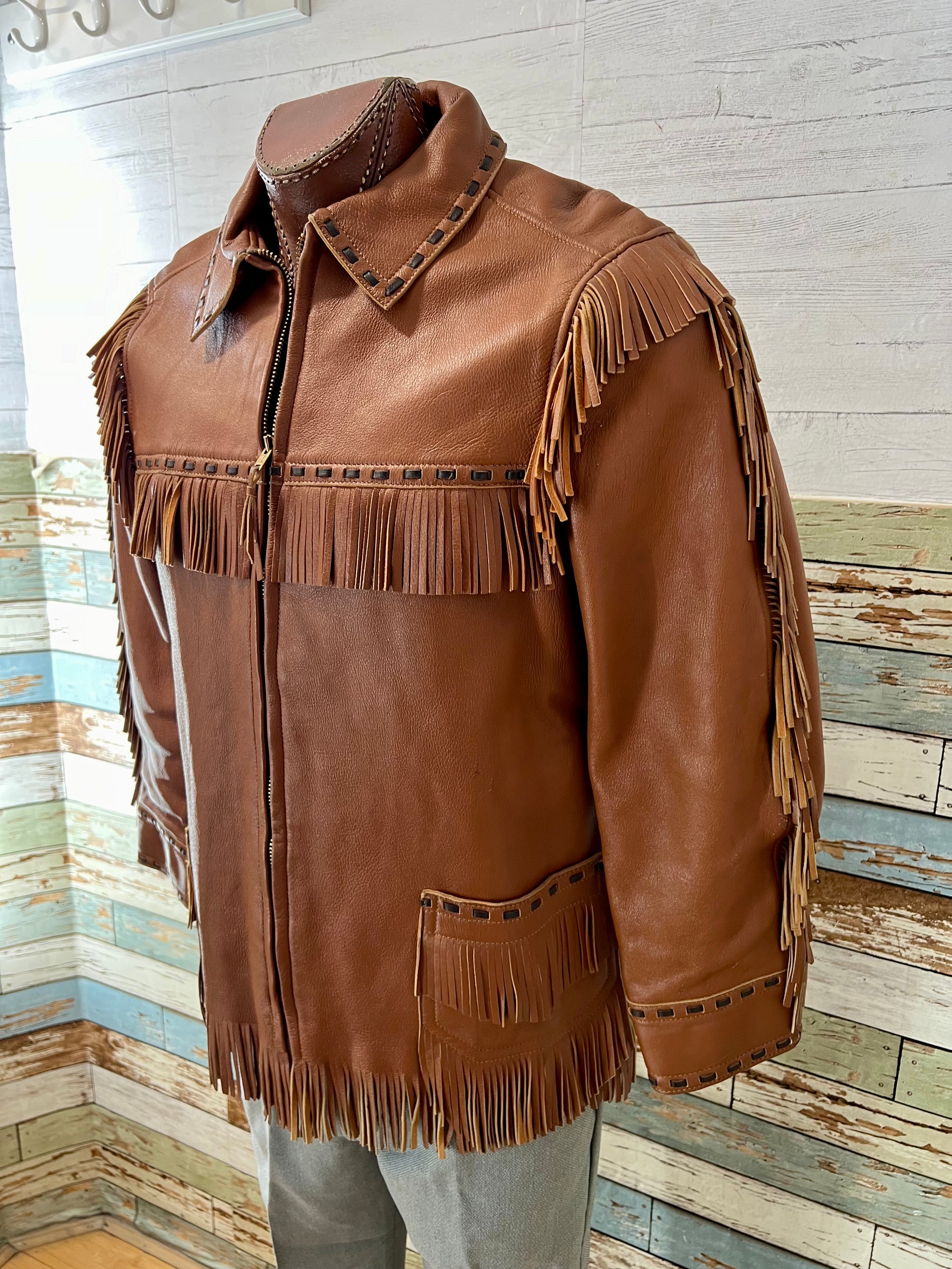 70's Brown And Black Fringe Leather Jacket By W. B. Place & Co