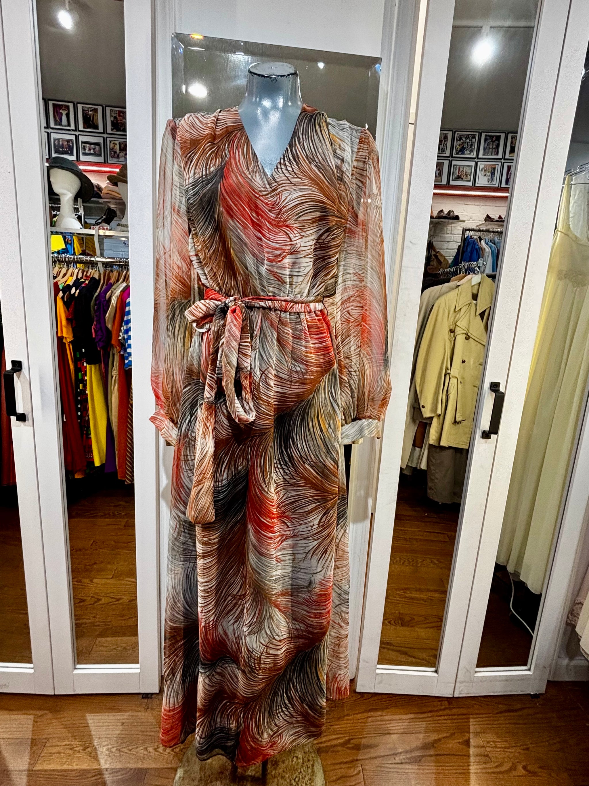 chinese dress ladies Brown Rust Peacock Feather Tribal Button-Down Maxi Dress