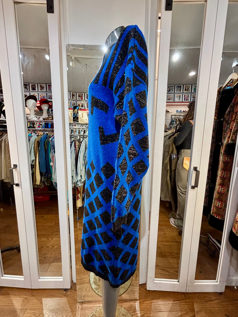 90’s Blue Black And Metallic Tones Knit Style Long Dress By Anita New York