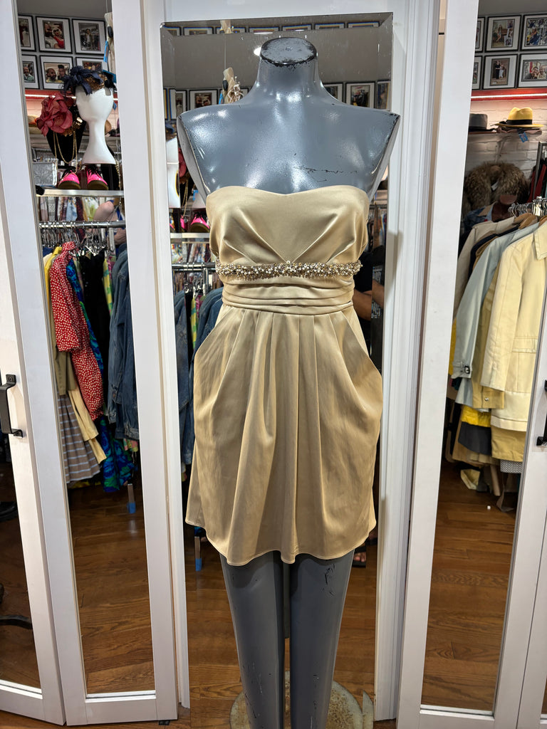 00’s Beige Strapless Pleated Mini Dress - Hamlets Vintage