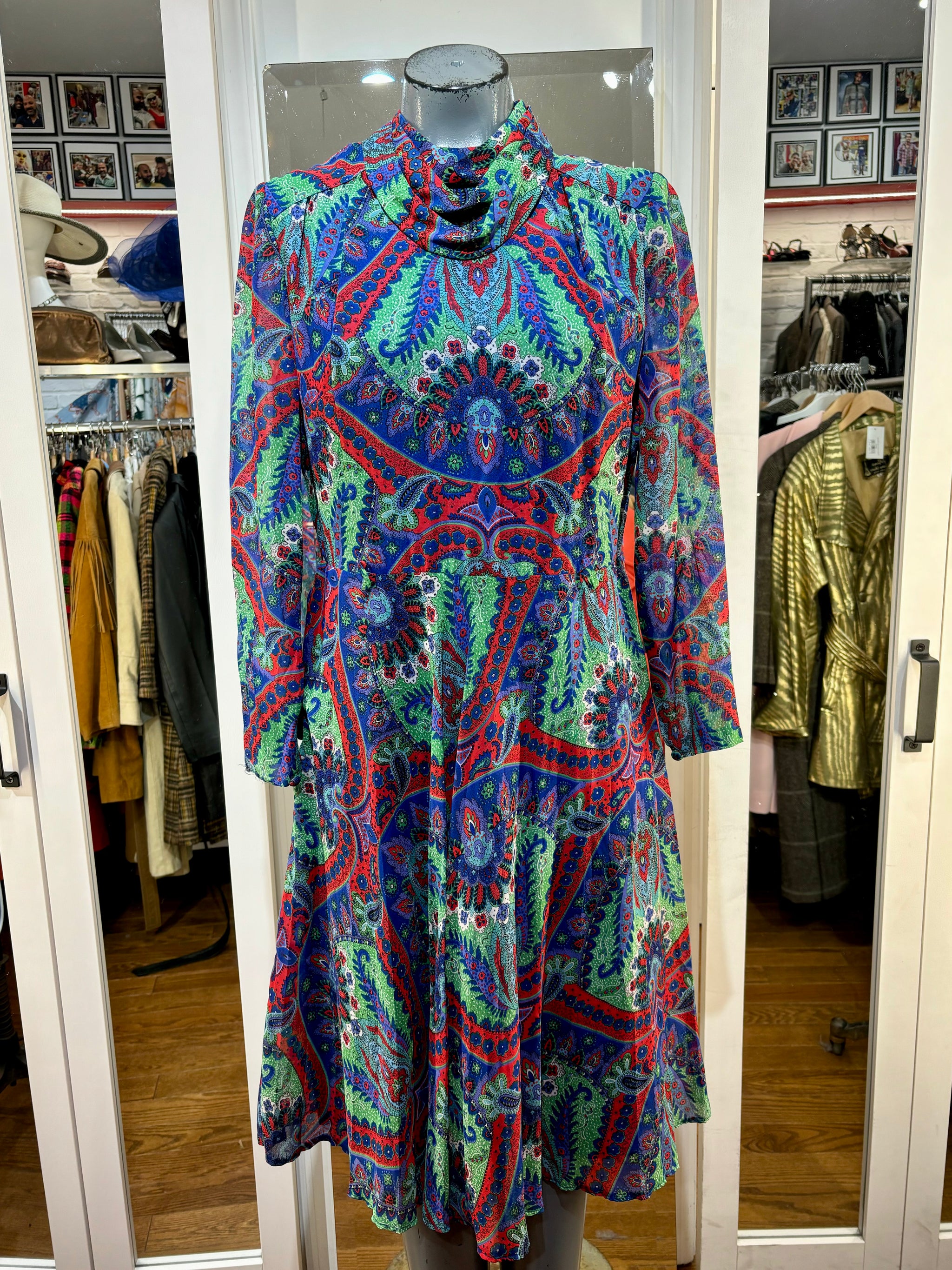 80s Green & Blue Multicolor Long Sleeve High Neck Dress By Schworm Modell 80s Green & Blue Multicolor Long Sleeve High Neck Dress By Schworm Modell