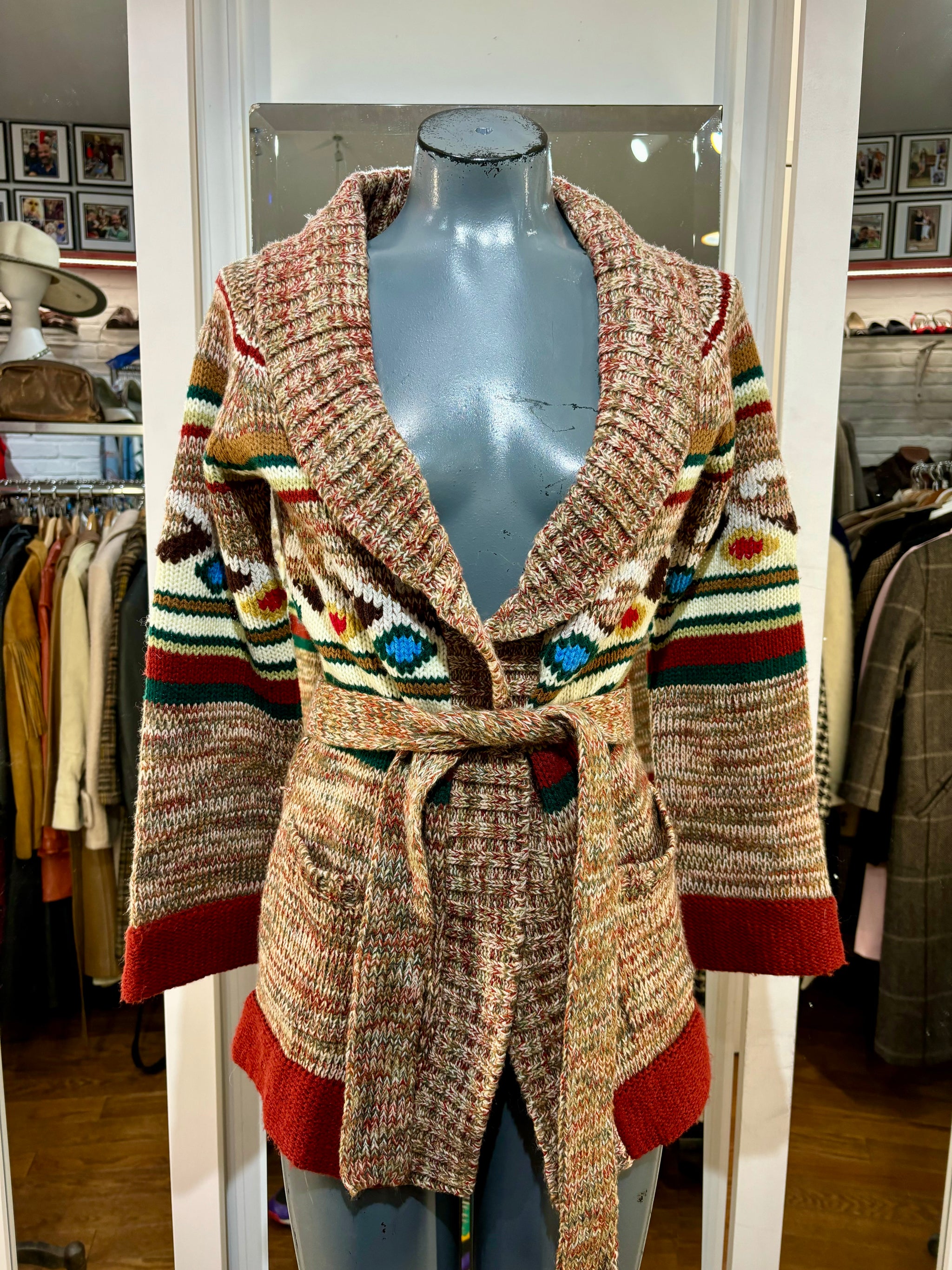 70s Multicolor Pattern Belted Sweater - Main Image