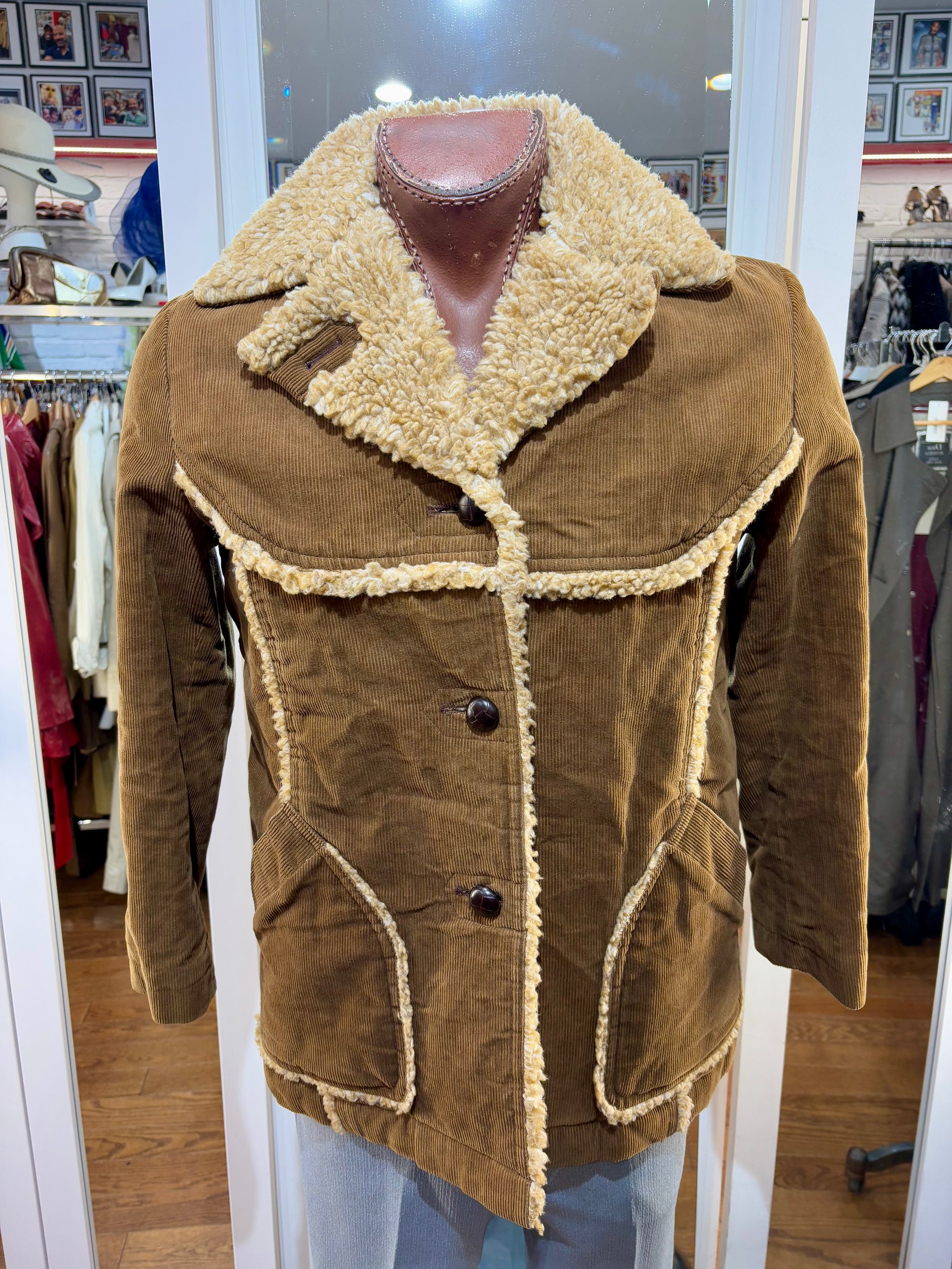 70's Brown Corduroy Western Coat With Faux Shearling Lining