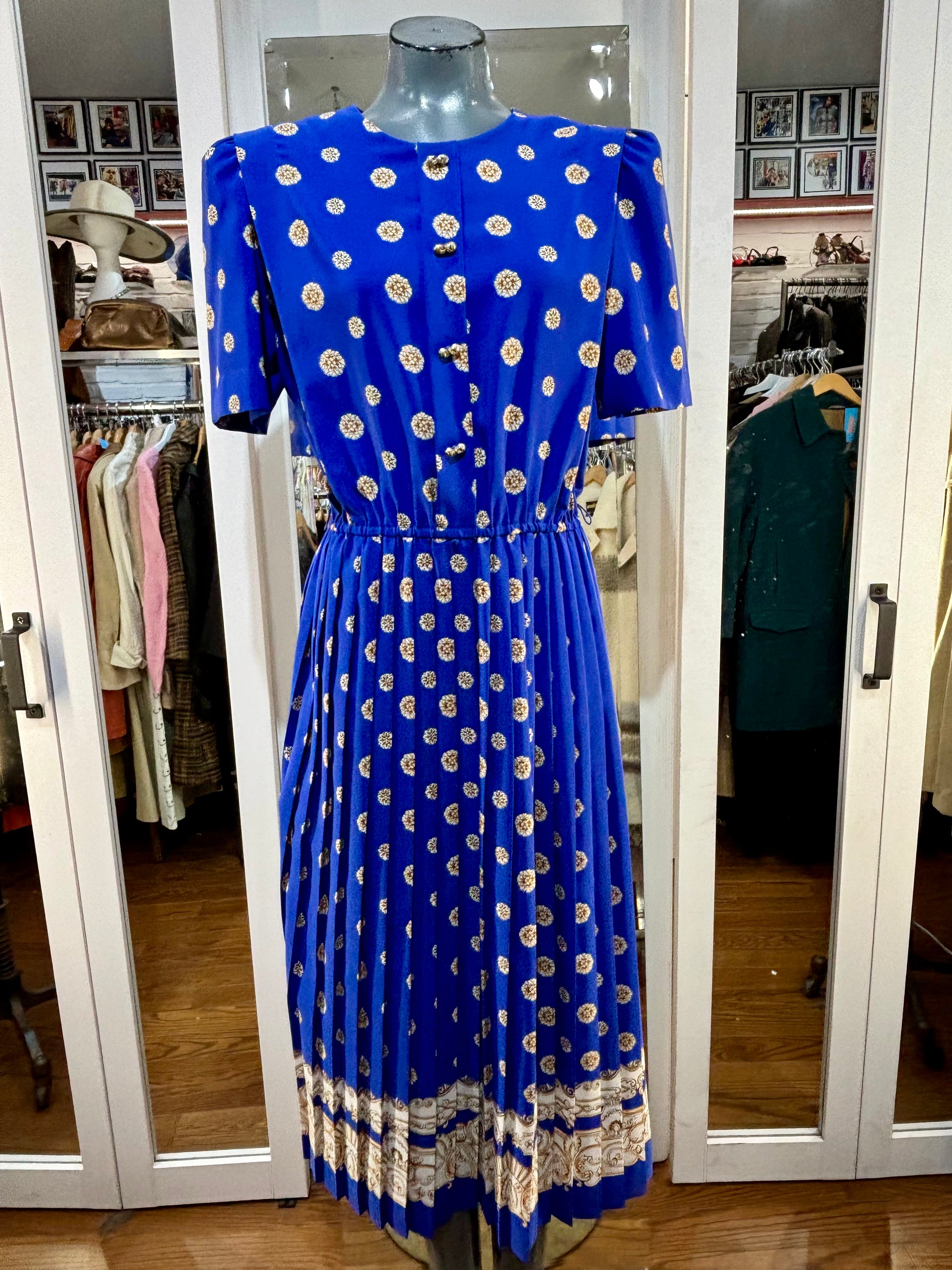 princess polly baby blue dress 80's Going 40's Royal Blue With Gold Circle Printed Long Sleeve Dress –  Hamlets Vintage
