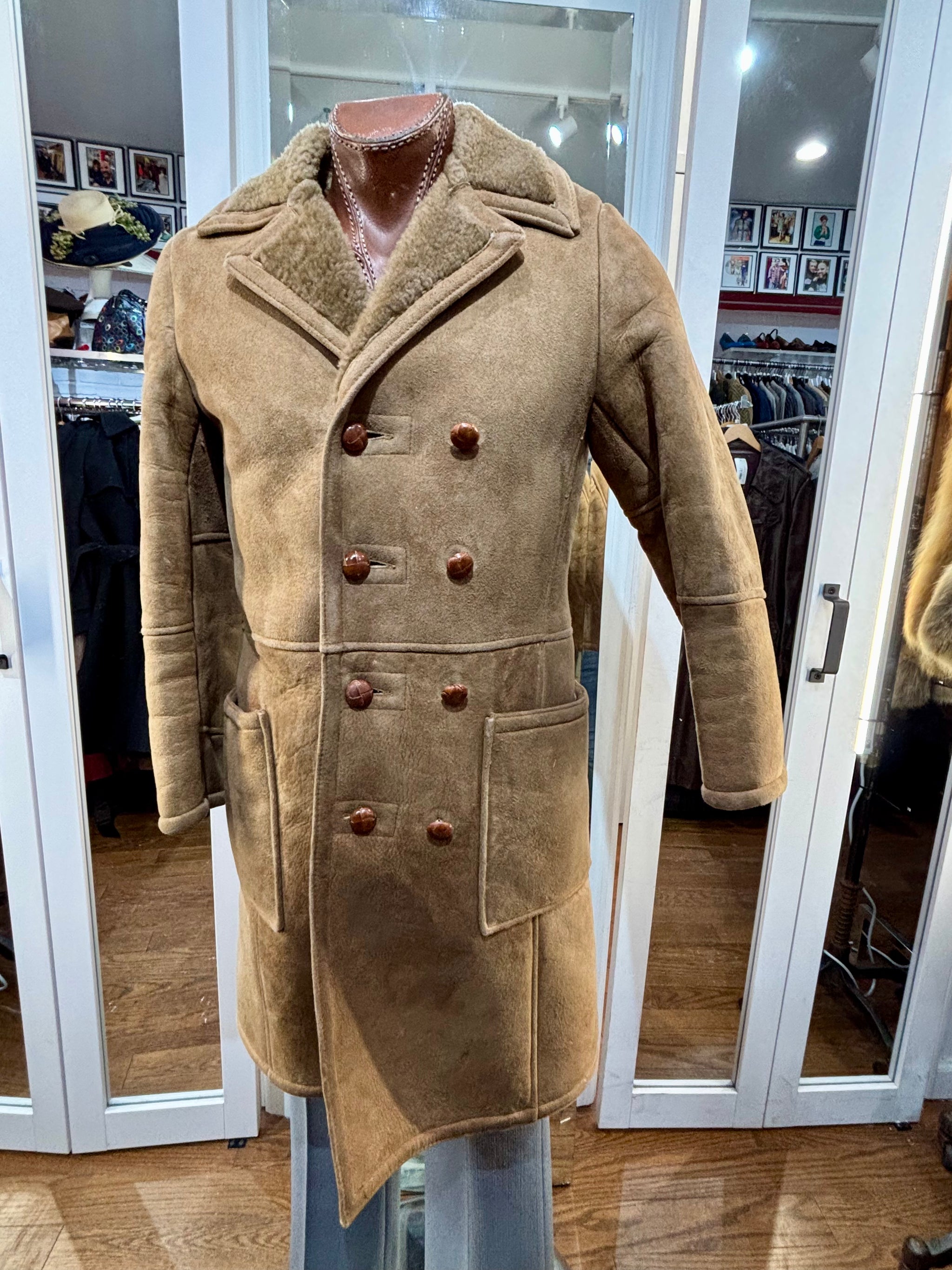 70's Brown Double Breasted Shearling Coat By Samband of Iceland