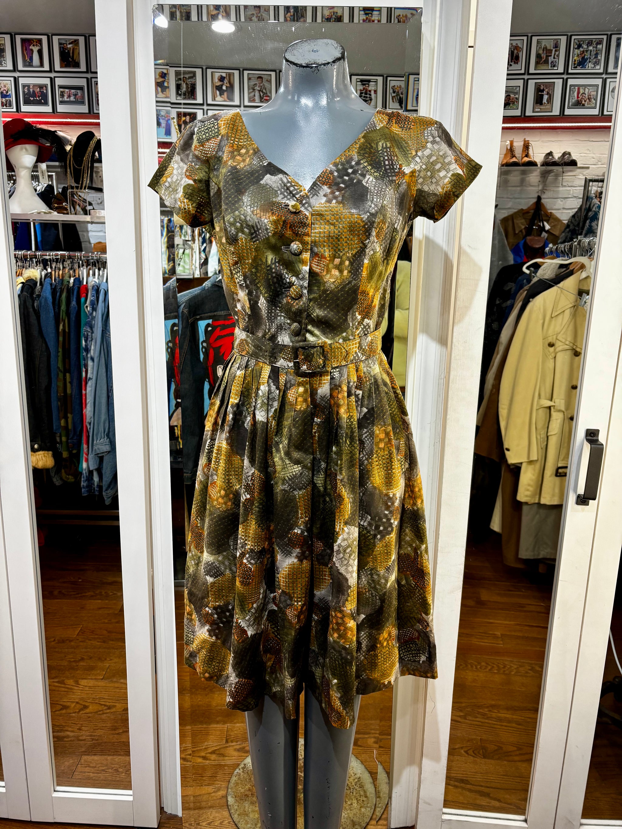 50’s Gray & Brown Multicolor Short Sleeve Fit & Flare Dress