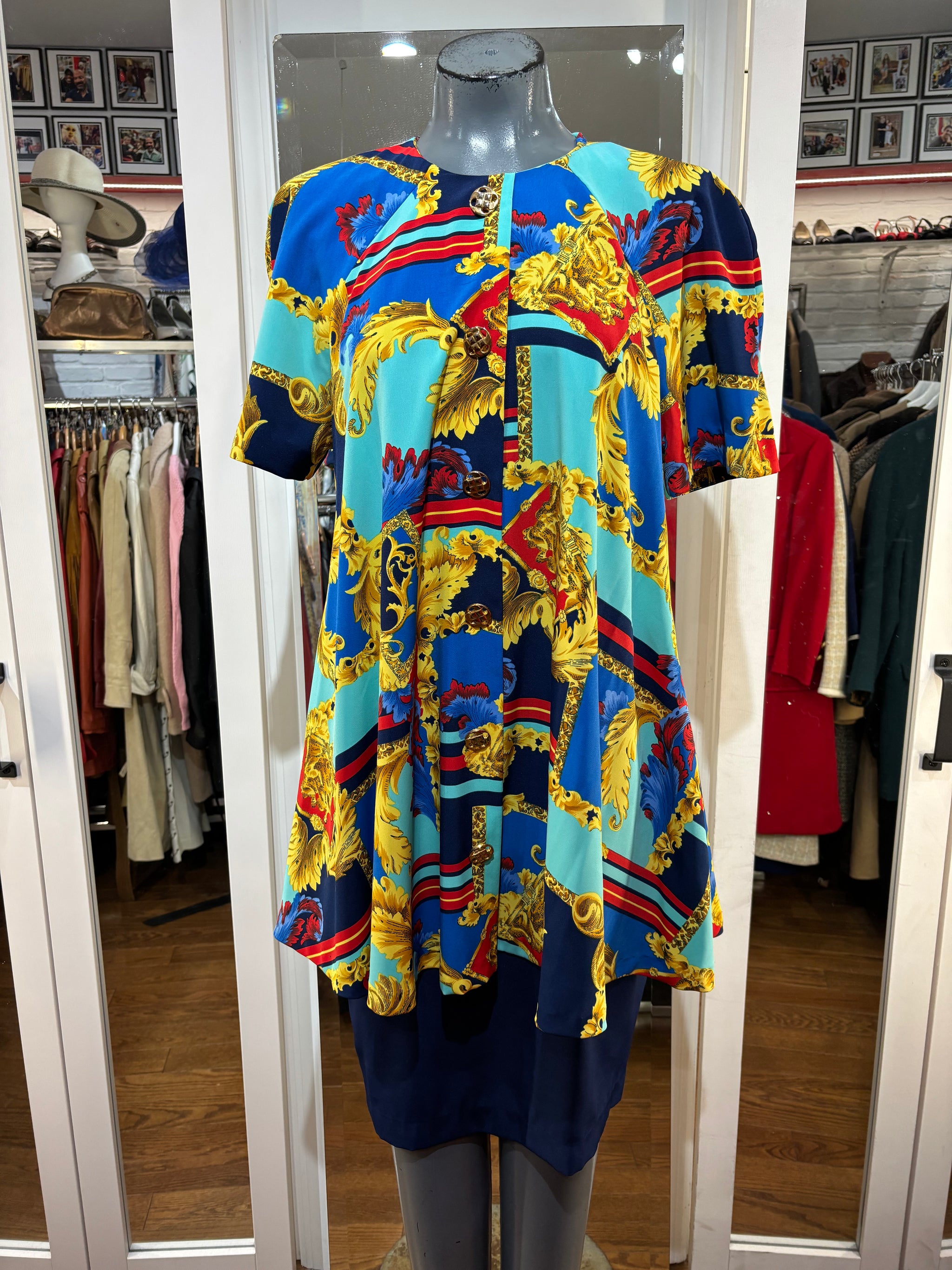 90s Multicolor Baroque Print Midi Dress Hamlets Vintage 90s Multicolor Baroque Print Midi Dress Hamlets Vintage