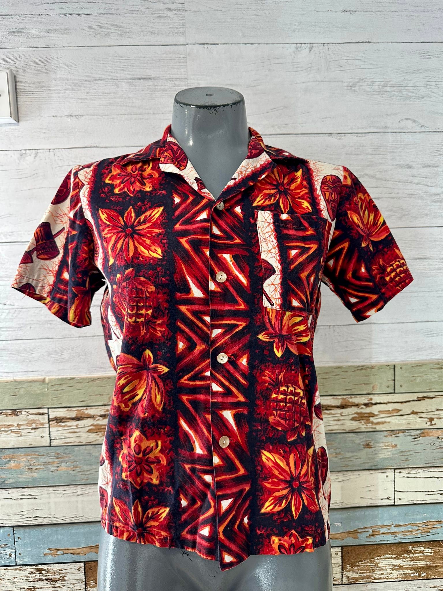 70's Red & Orange Abstract Print Hawaii Short Sleeve Shirt By Ui Maika –  Hamlets Vintage