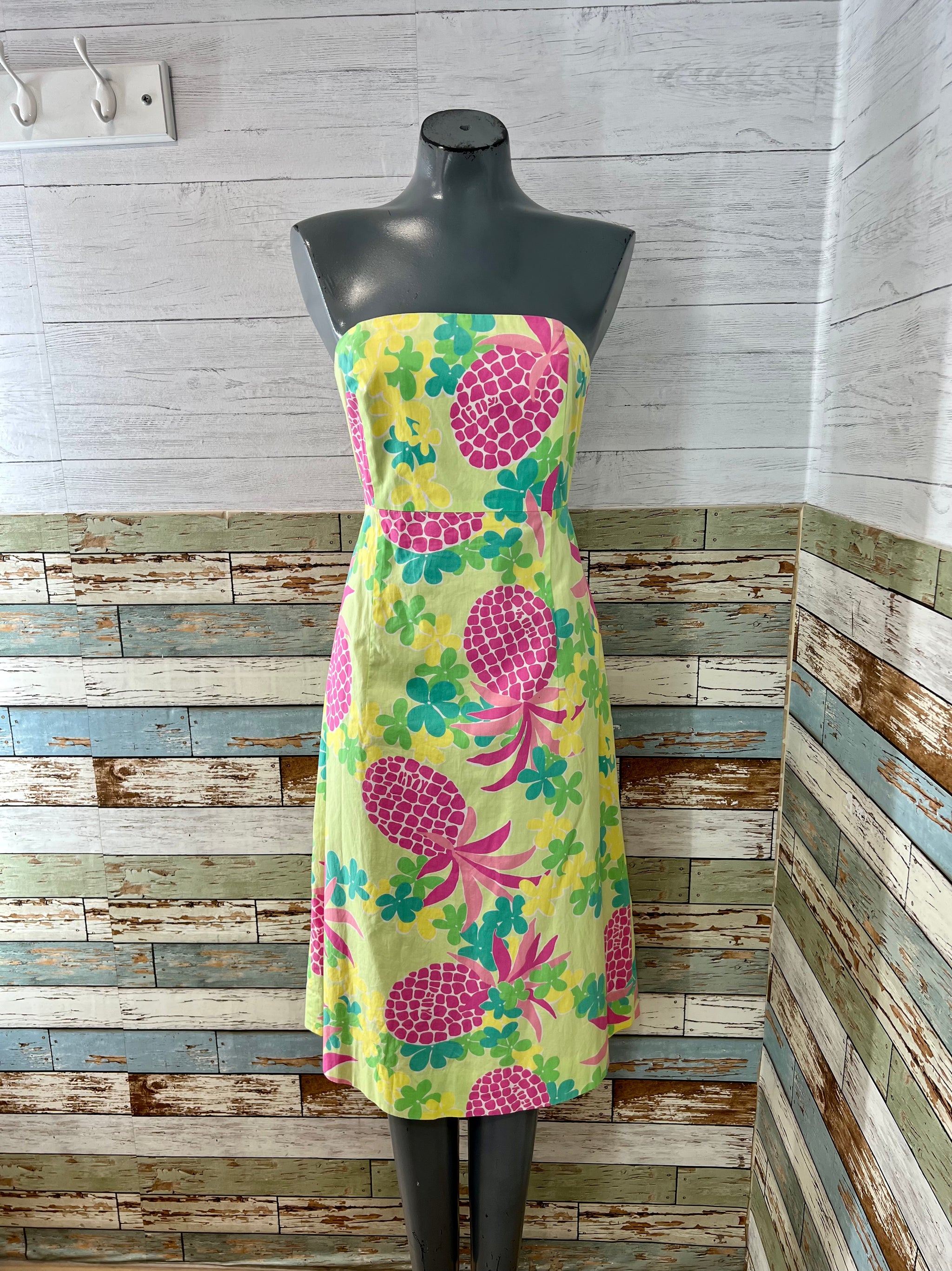 90 s Green Pink Pineapple Print Strapless Dress by Lilly Pulitzer