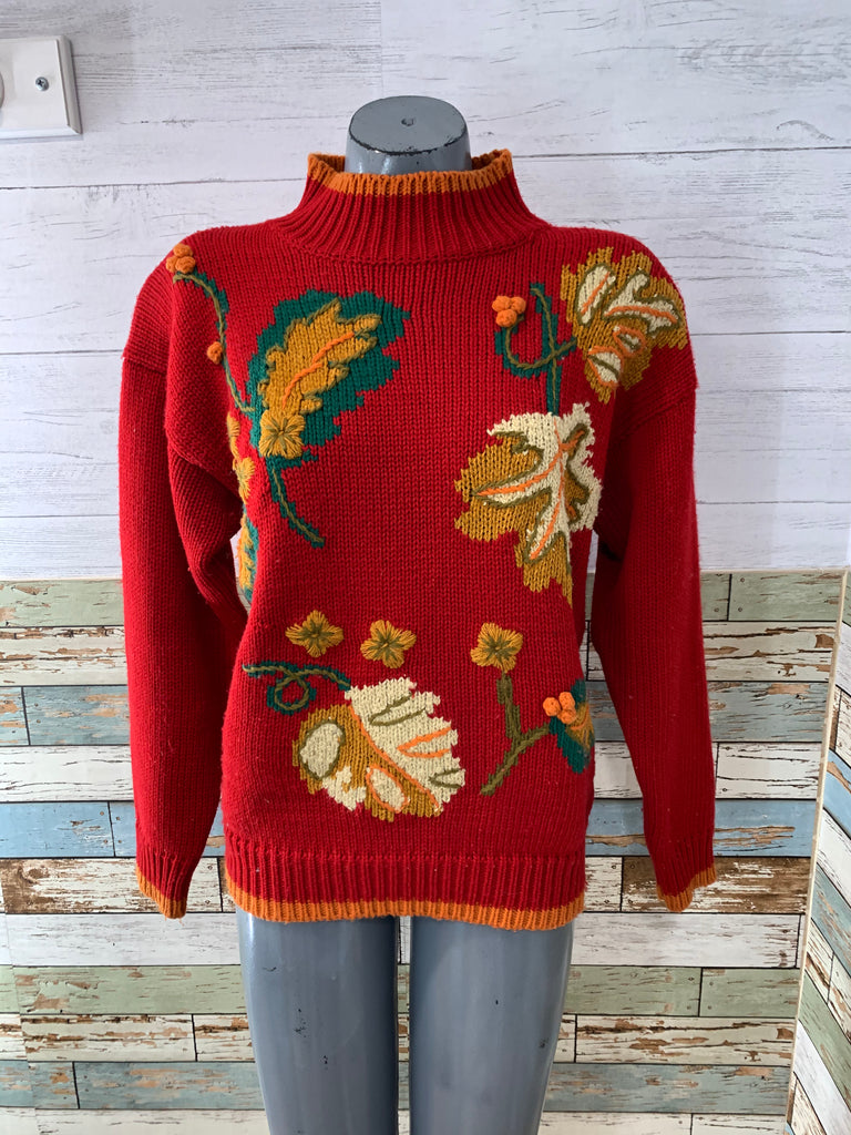 90s Mock Neck Acrylic Embroiled Leaves Sweater By Evian Ltd - Hamlets Vintage