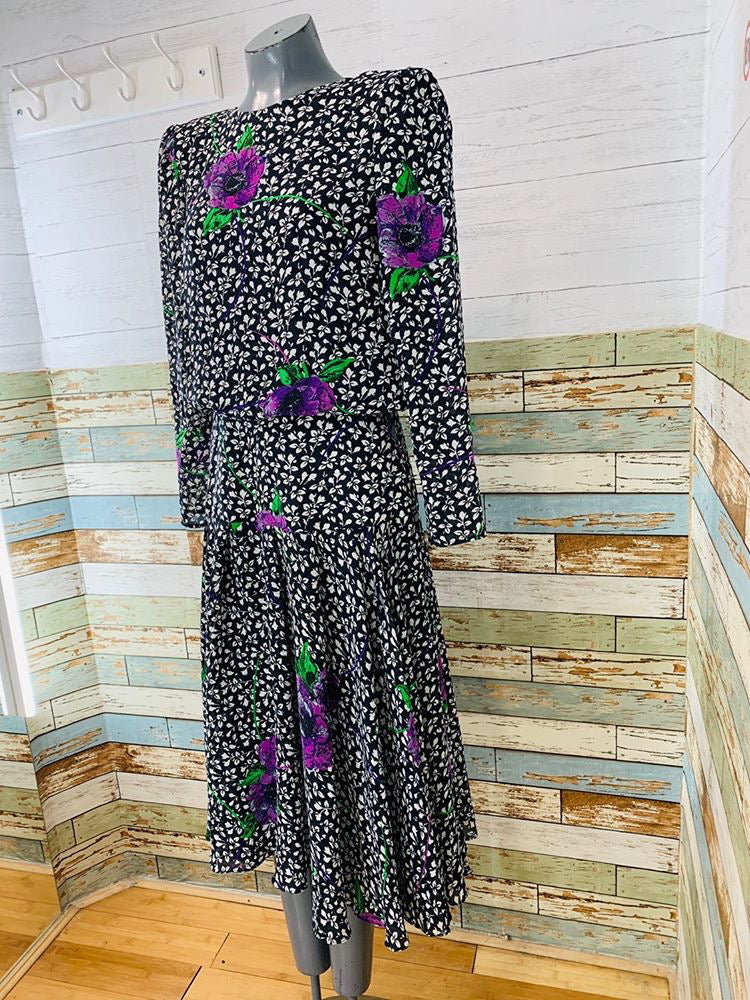 80s - Drop Waist Maxi Flower long Sleeve Flower Print Dress  By Kono New York - Hamlets Vintage