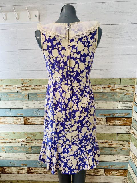 40s Sleeveless Flower Print Silk Dress With Lace Collar - Hamlets Vintage