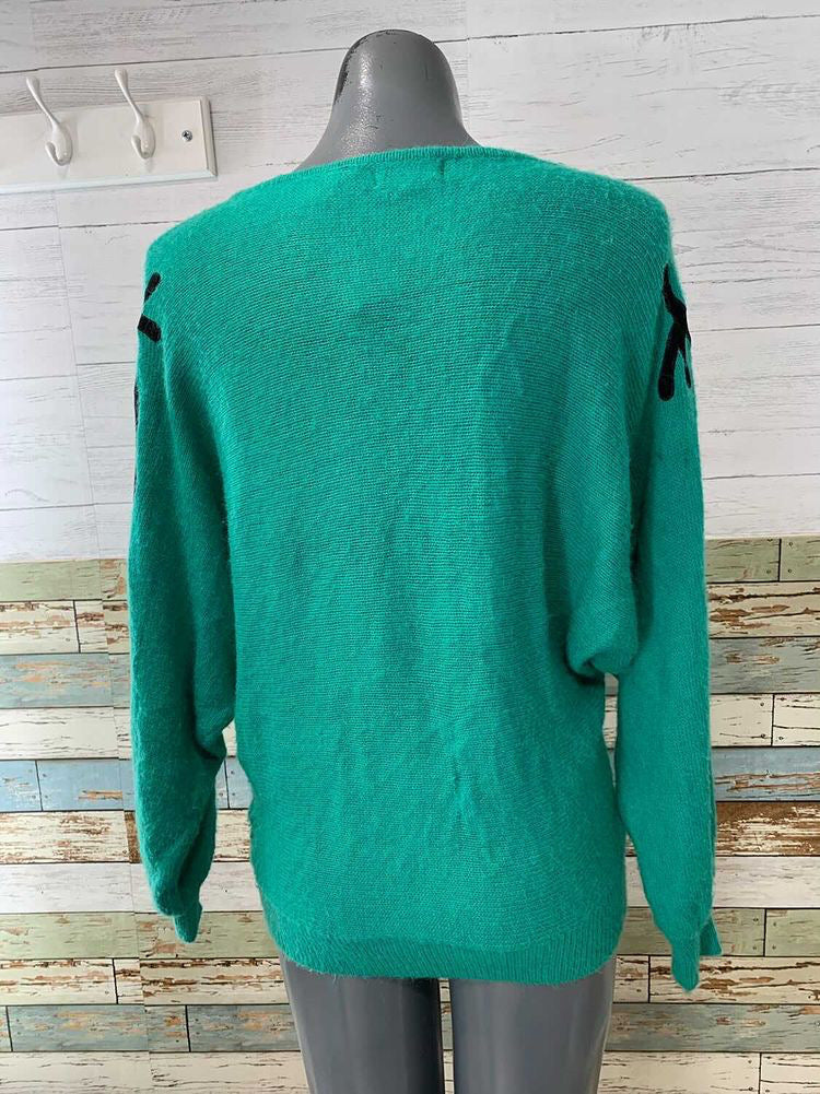 80s Teal Long Sleeve Sweater with Applications  By Cristina  Size Large - Hamlets Vintage