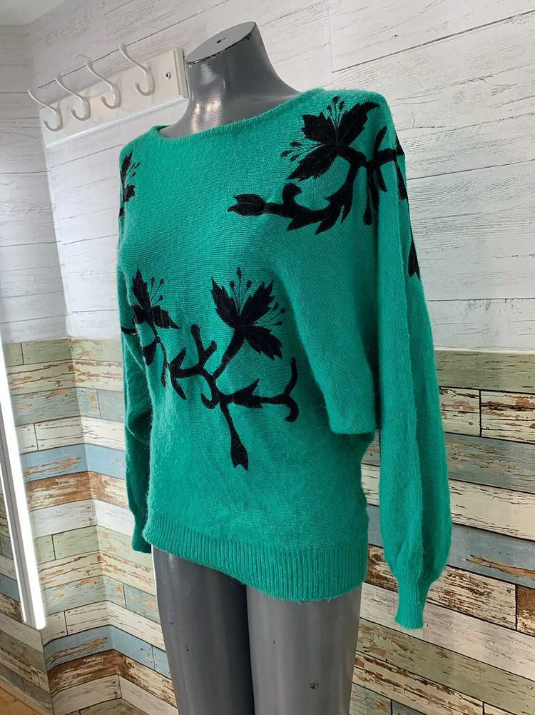 80s Teal Long Sleeve Sweater with Applications  By Cristina  Size Large - Hamlets Vintage