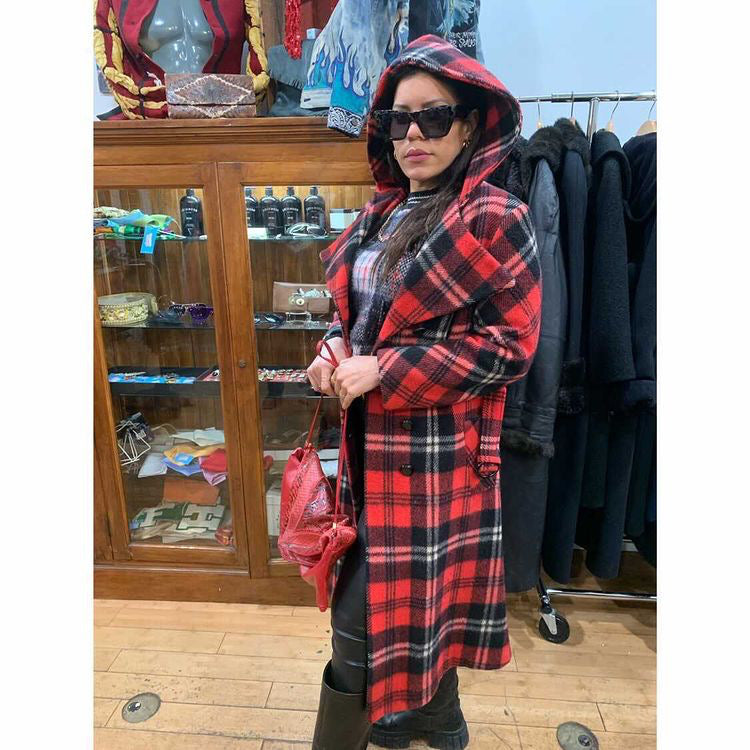 70s Tartan Double Breasted Coat With Hood - Hamlets Vintage