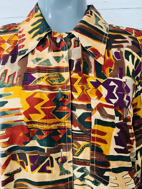 90s - Multicolor Long Sleeve Silk Blouse - Hamlets Vintage