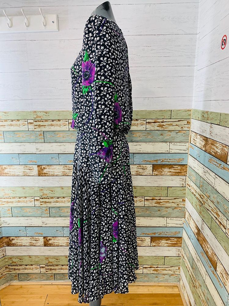 80s - Drop Waist Maxi Flower long Sleeve Flower Print Dress  By Kono New York - Hamlets Vintage