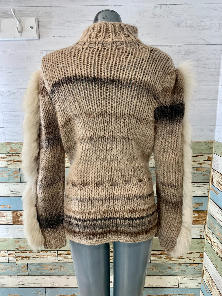 90’s Knit Cardigan Sweater with Fur On Sleeves - Hamlets Vintage