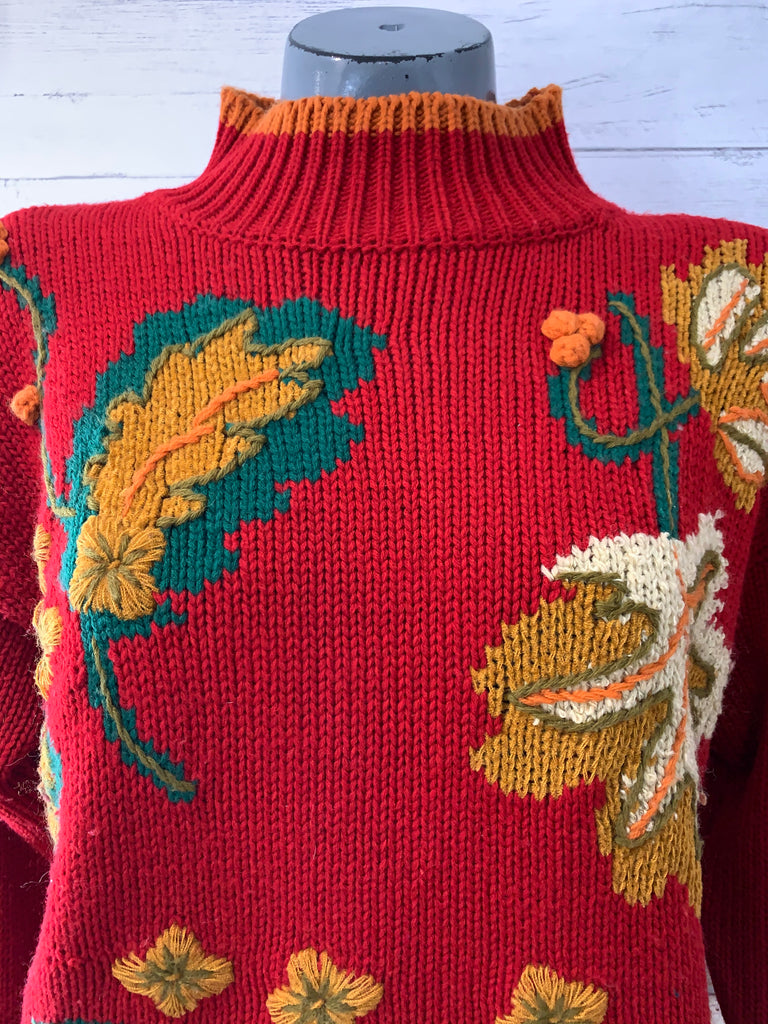 90s Mock Neck Acrylic Embroiled Leaves Sweater By Evian Ltd - Hamlets Vintage