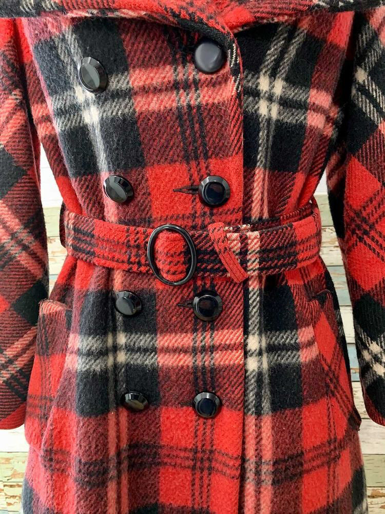 70s Tartan Double Breasted Coat With Hood - Hamlets Vintage