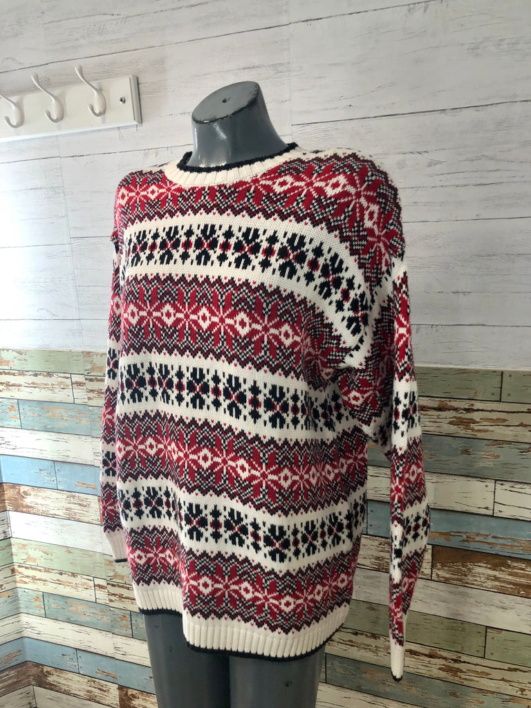 90’s Red, White, and Black Patterned Crewneck Sweater - Hamlets Vintage