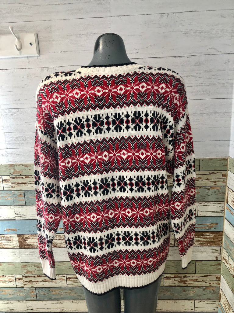 90’s Red, White, and Black Patterned Crewneck Sweater - Hamlets Vintage