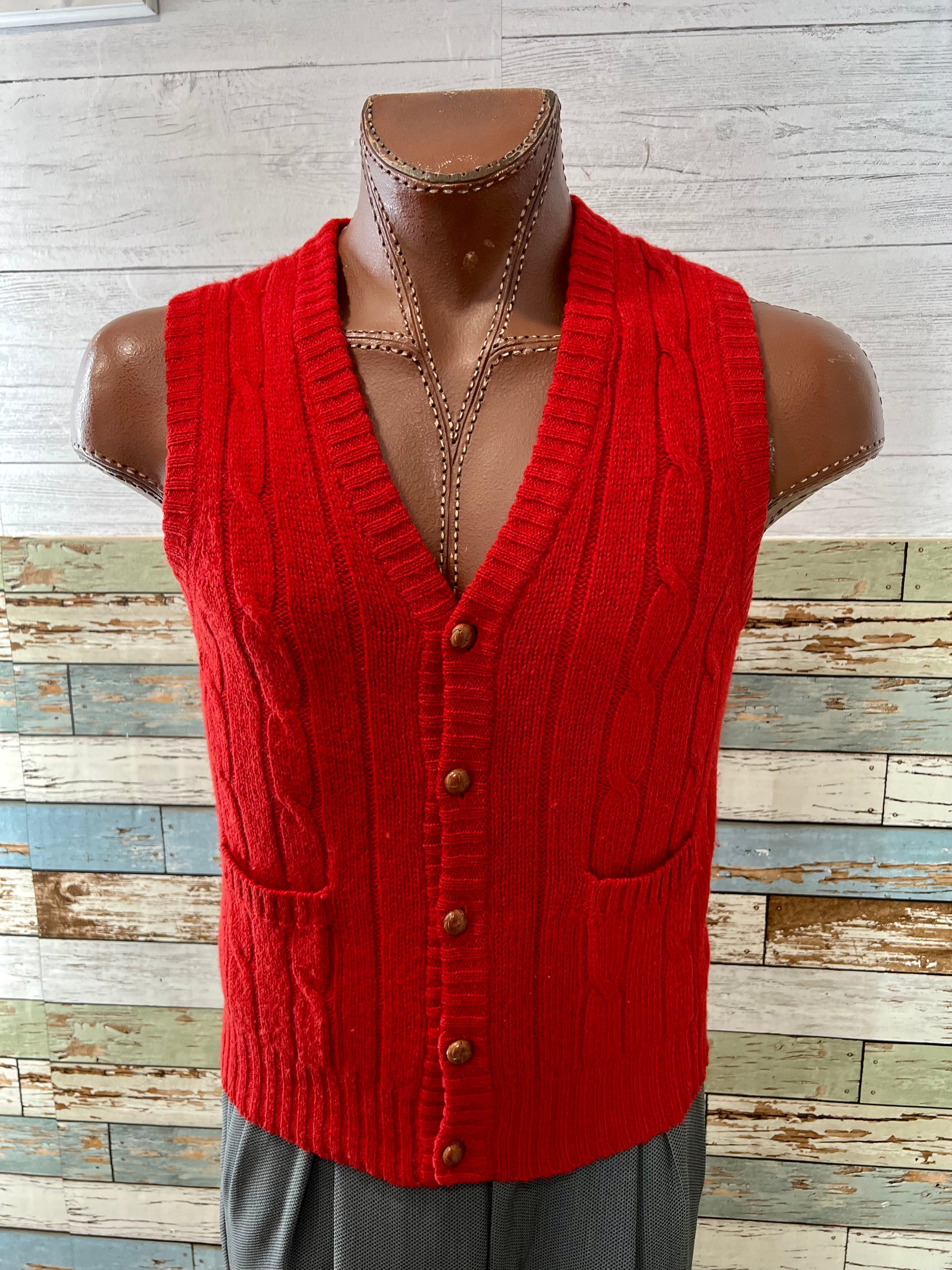 80 s Red knit sweater vest with Front Pockets