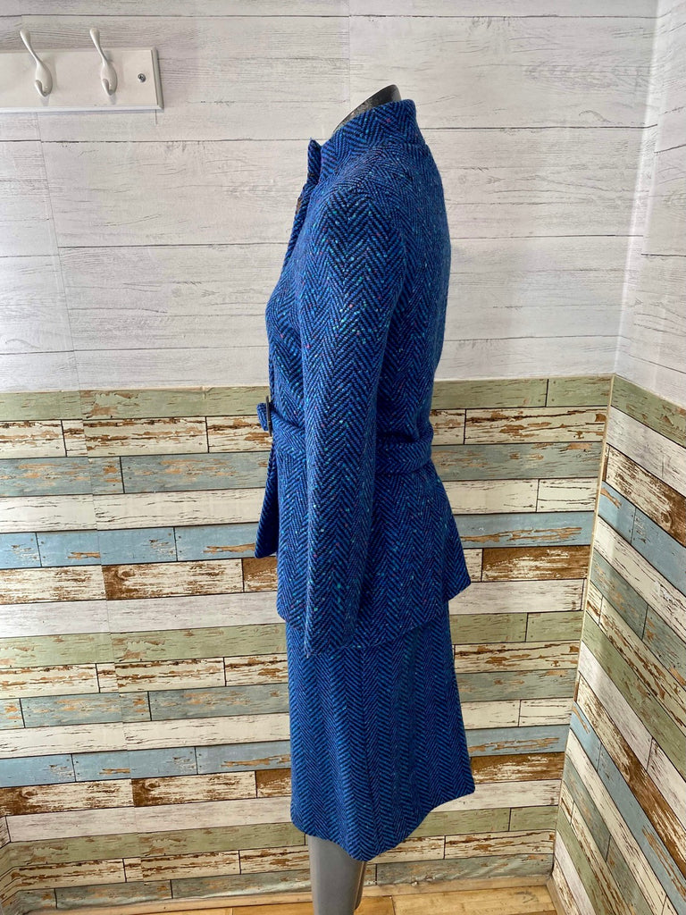 80s Blue Wool Skirt And Jacket Suit Set - Hamlets Vintage