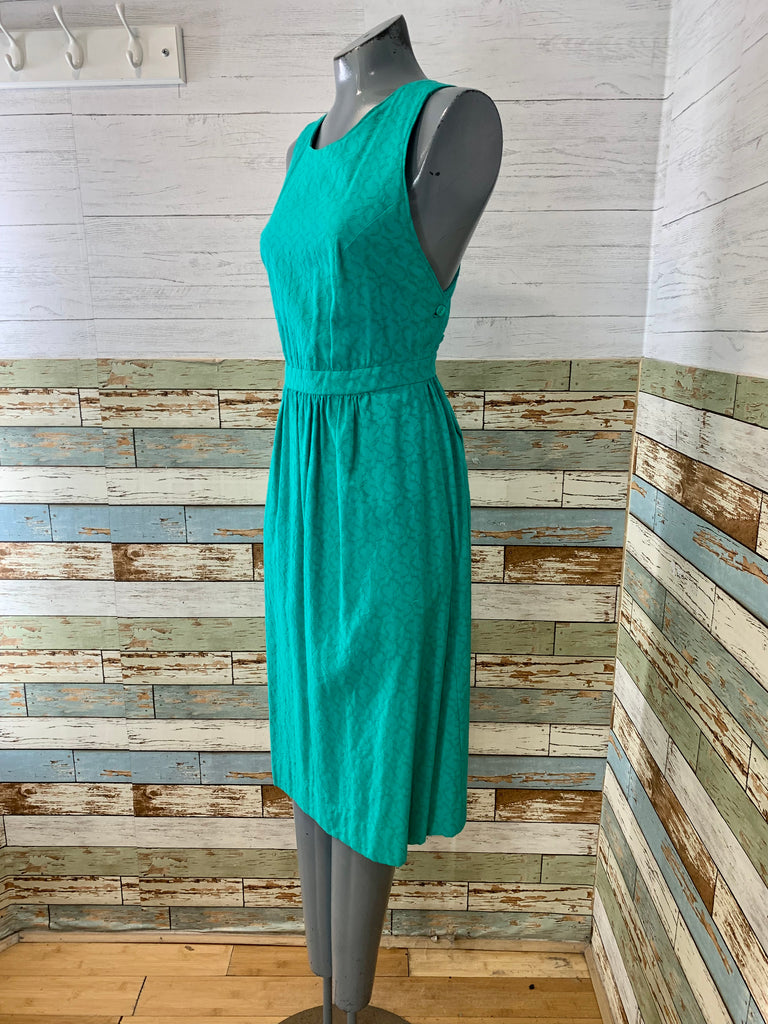 70s Green Textured Midi Dress With Crisscross Back - Hamlets Vintage