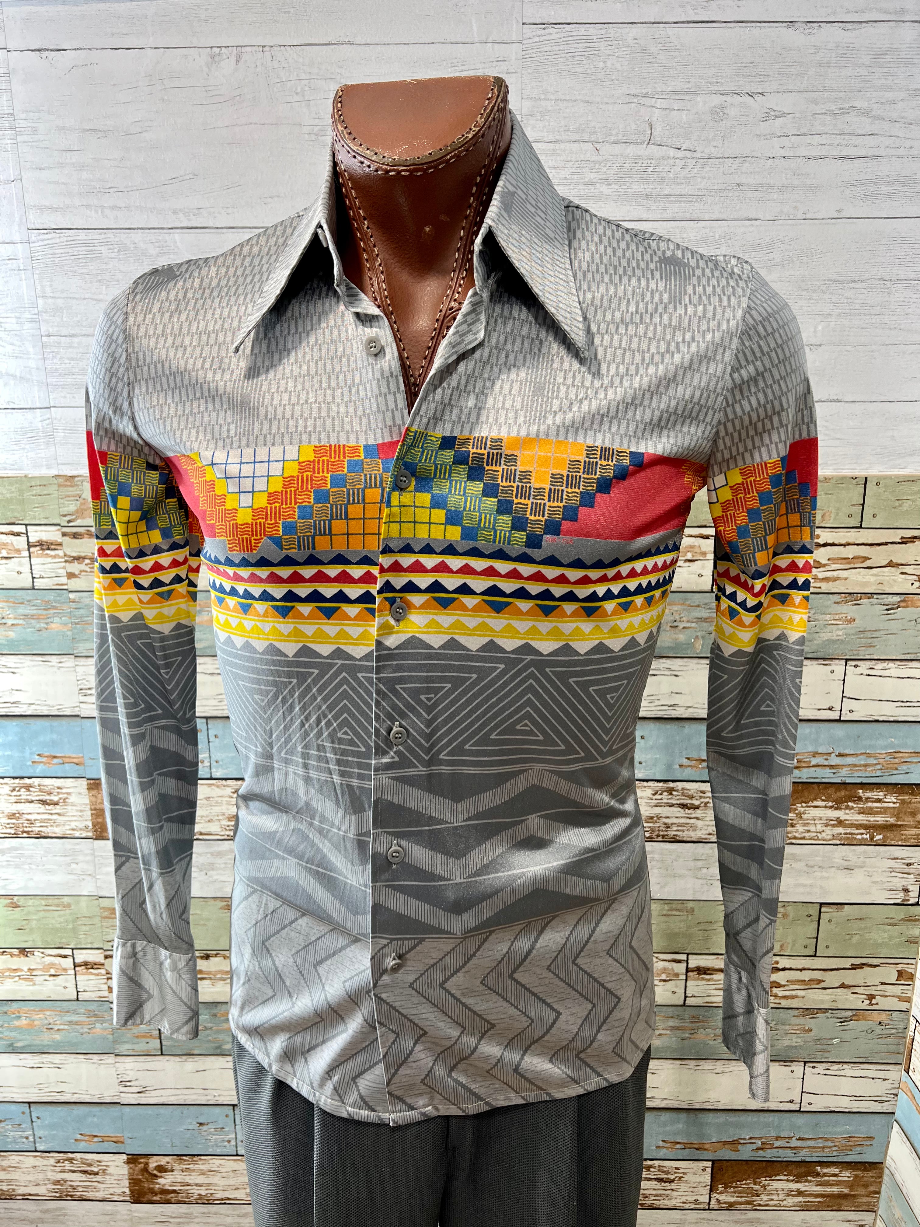 70's Multicolor Aztec Print Disco Long Sleeve Shirt by Nik Nik – Hamlets  Vintage