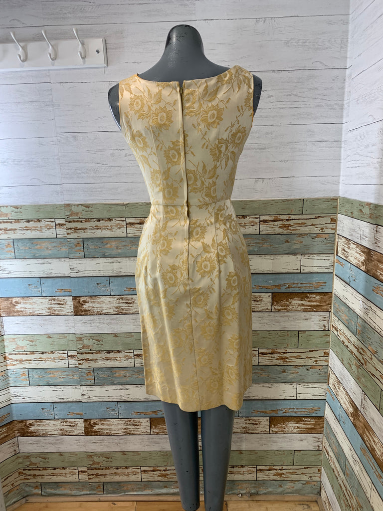 60s Beige And Yellow Floral Knee Length Fitted Dress - Hamlets Vintage