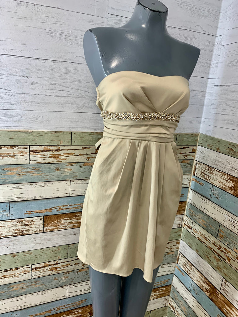 00’s Beige Strapless Pleated Mini Dress - Hamlets Vintage