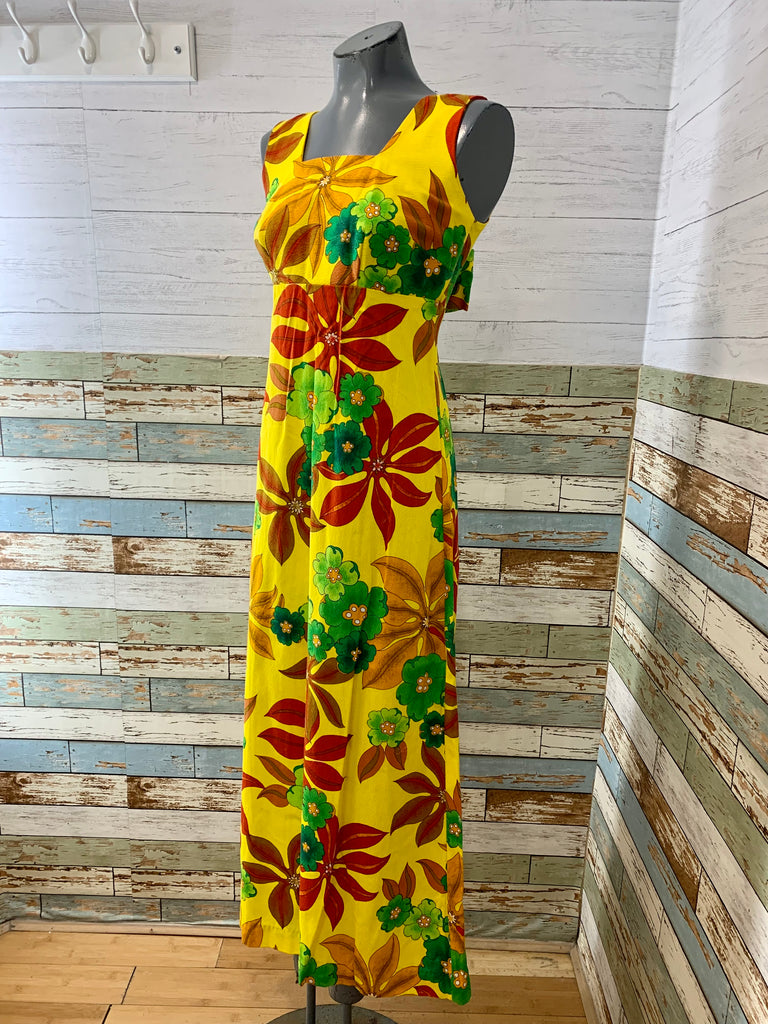 60s/70s Green Red And Yellow Floral Maxi Dress - Hamlets Vintage