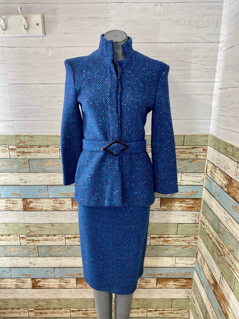 80s Blue Wool Skirt And Jacket Suit Set - Hamlets Vintage