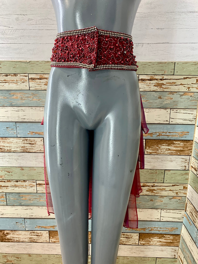 00’s Burgundy Layered Ruffle Reflective Tail Beaded Belt