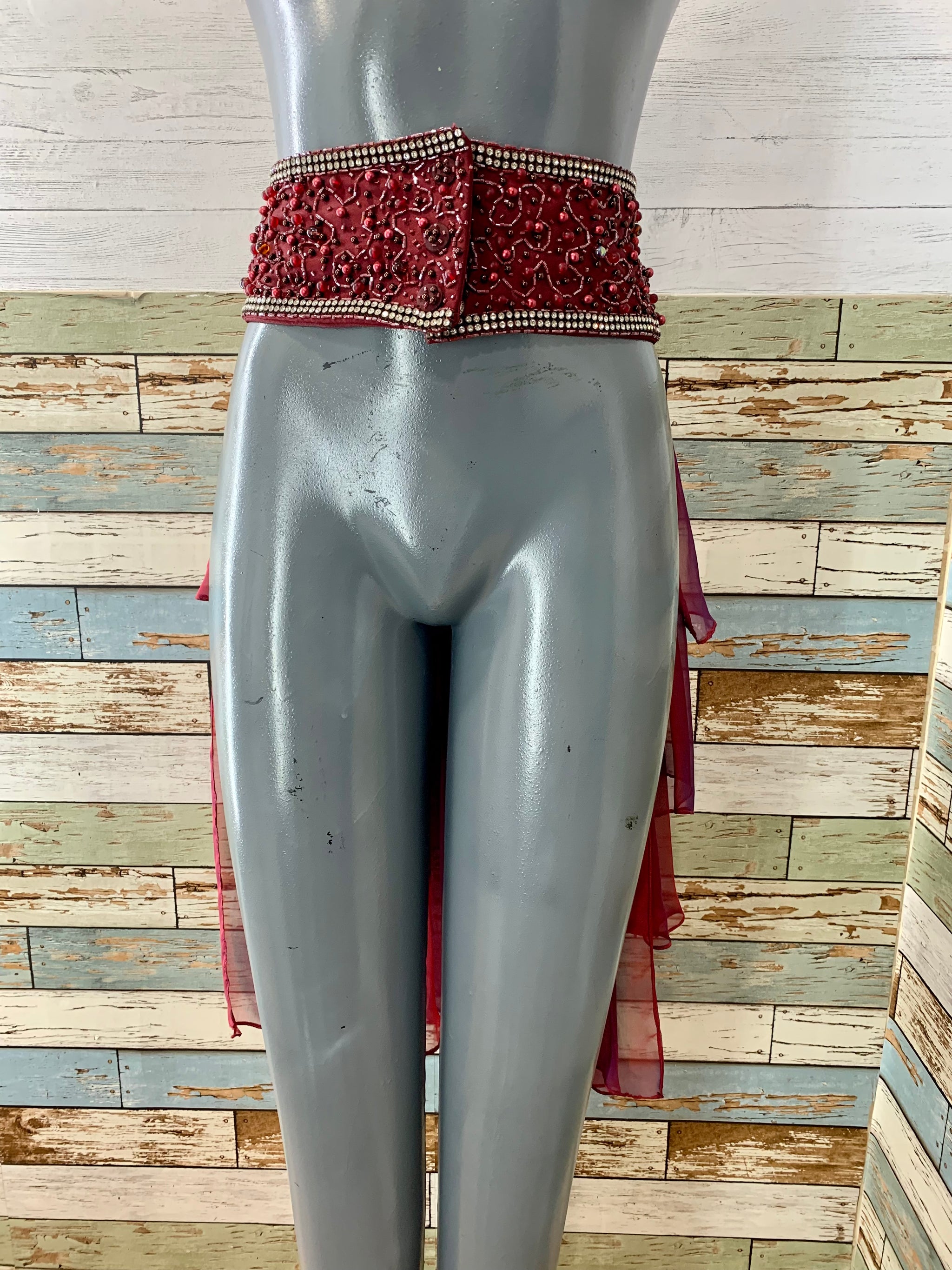 00’s Burgundy Layered Ruffle Reflective Tail Beaded Belt