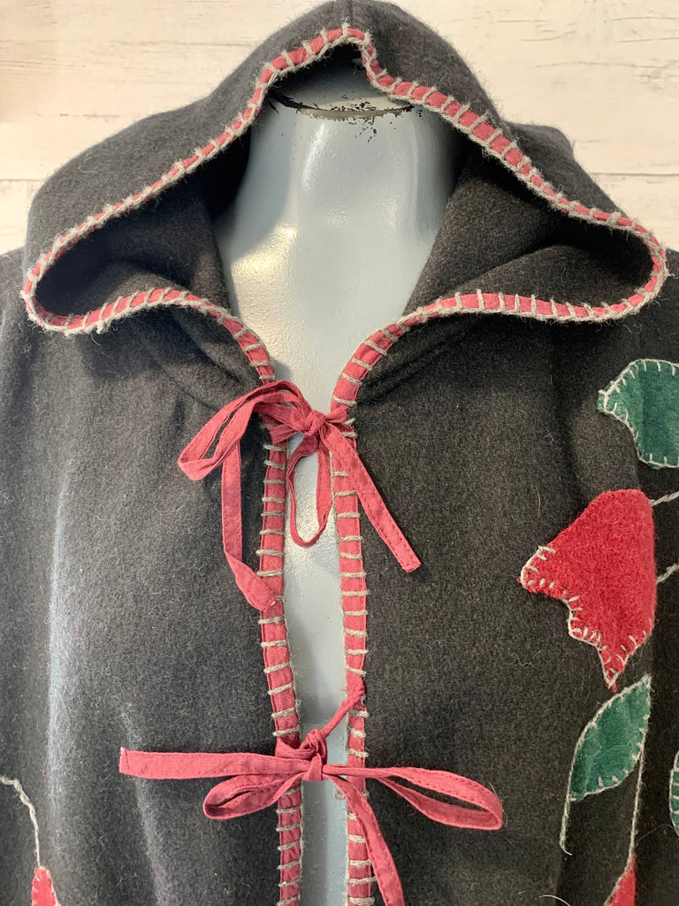 70’s Black Wool Hooded Cape with Rose Design - Hamlets Vintage
