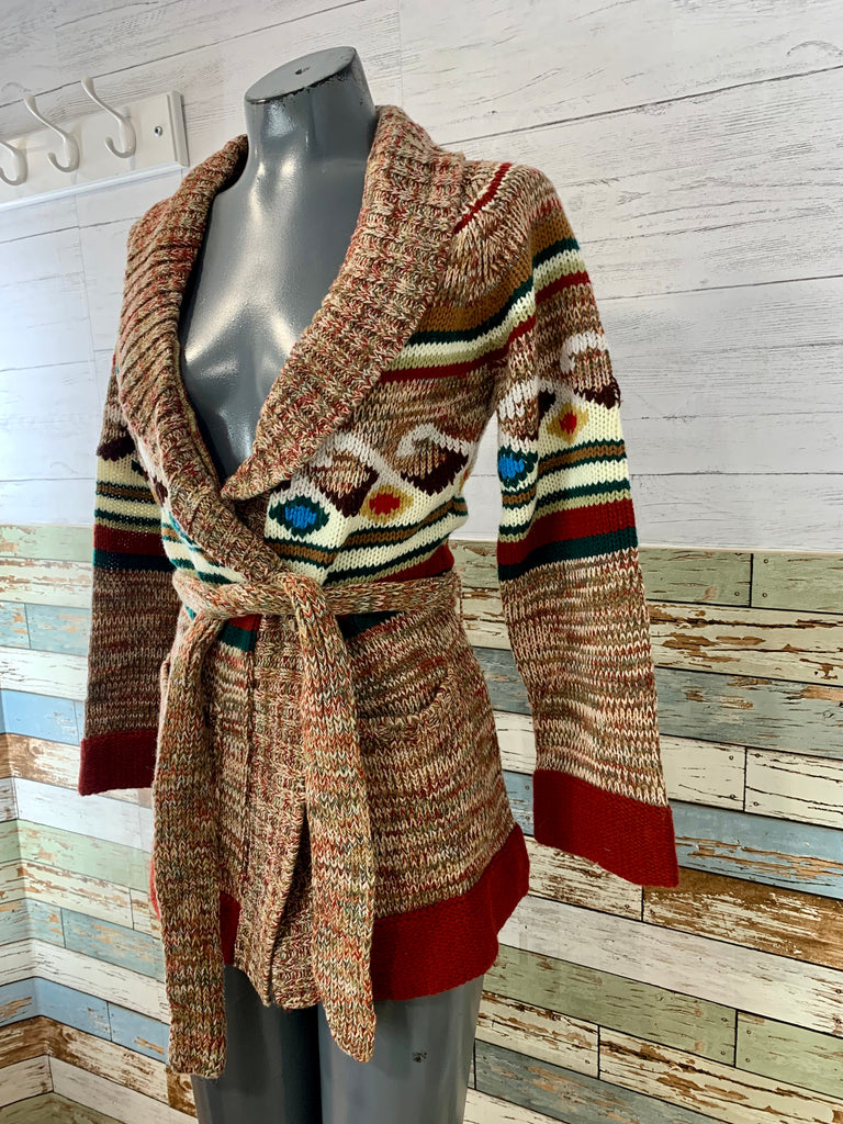 70s Multicolor Pattern Belted Sweater - Hamlets Vintage