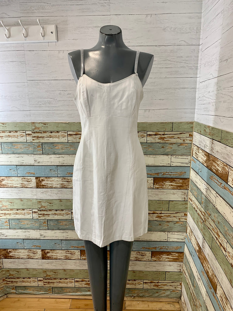 90’s White Leather Mini Bodycon Dress - Hamlets Vintage