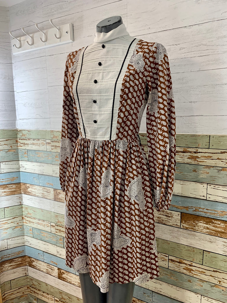 50s/60s Brown And White Paisley Print Dress - Hamlets Vintage