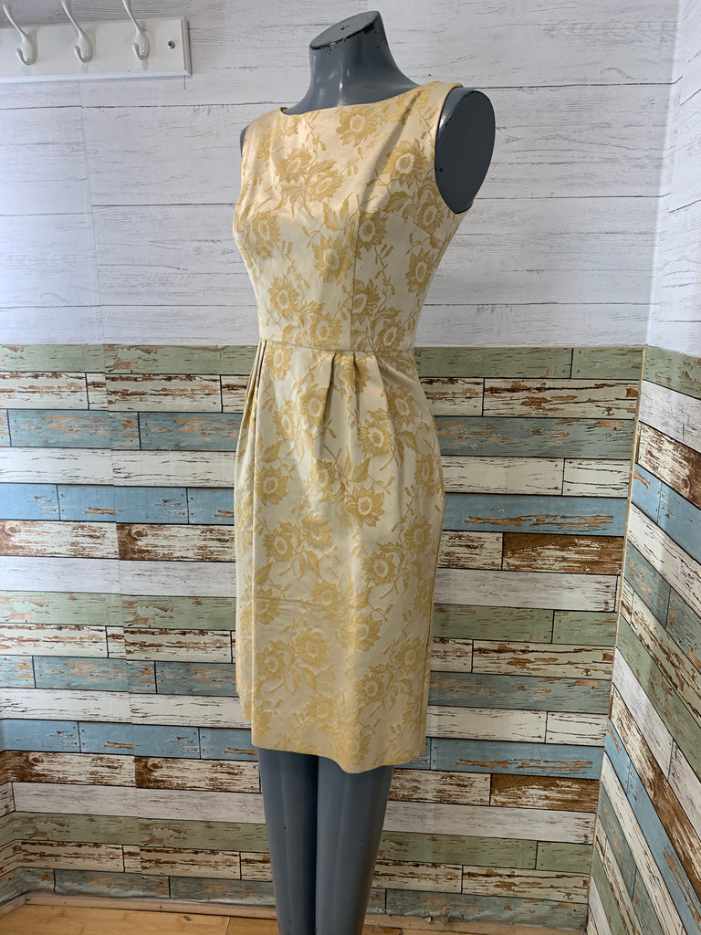 60s Beige And Yellow Floral Knee Length Fitted Dress - Hamlets Vintage