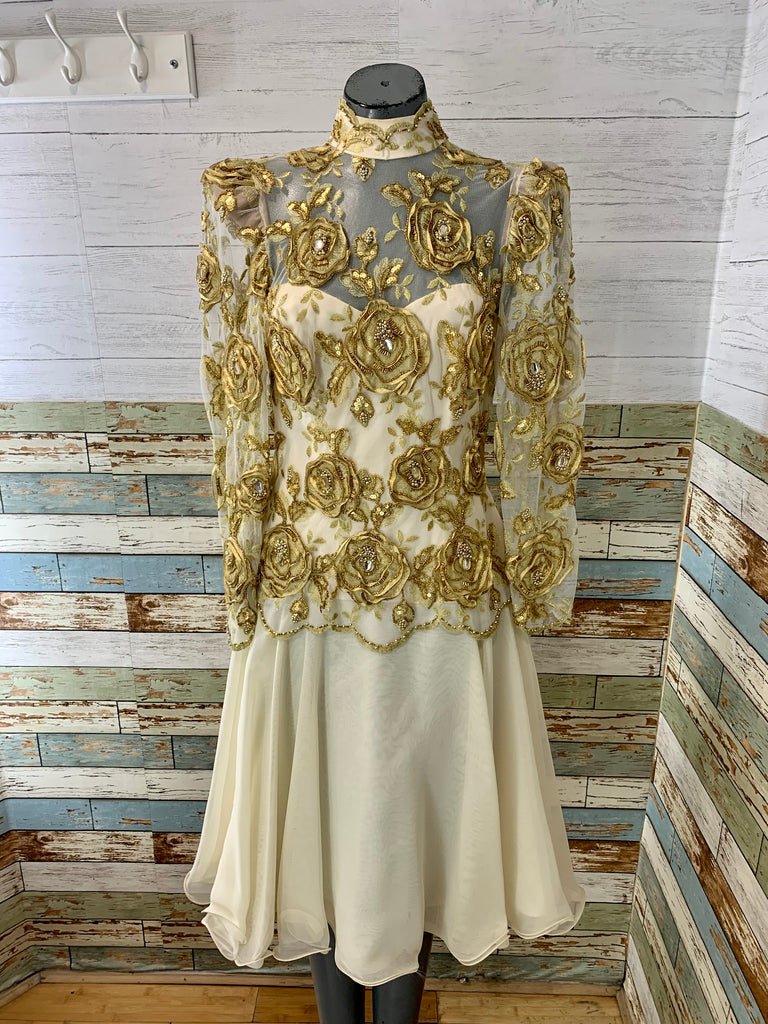 70’s Beige and Gold Embroidered Beaded Flare Dress - Hamlets Vintage