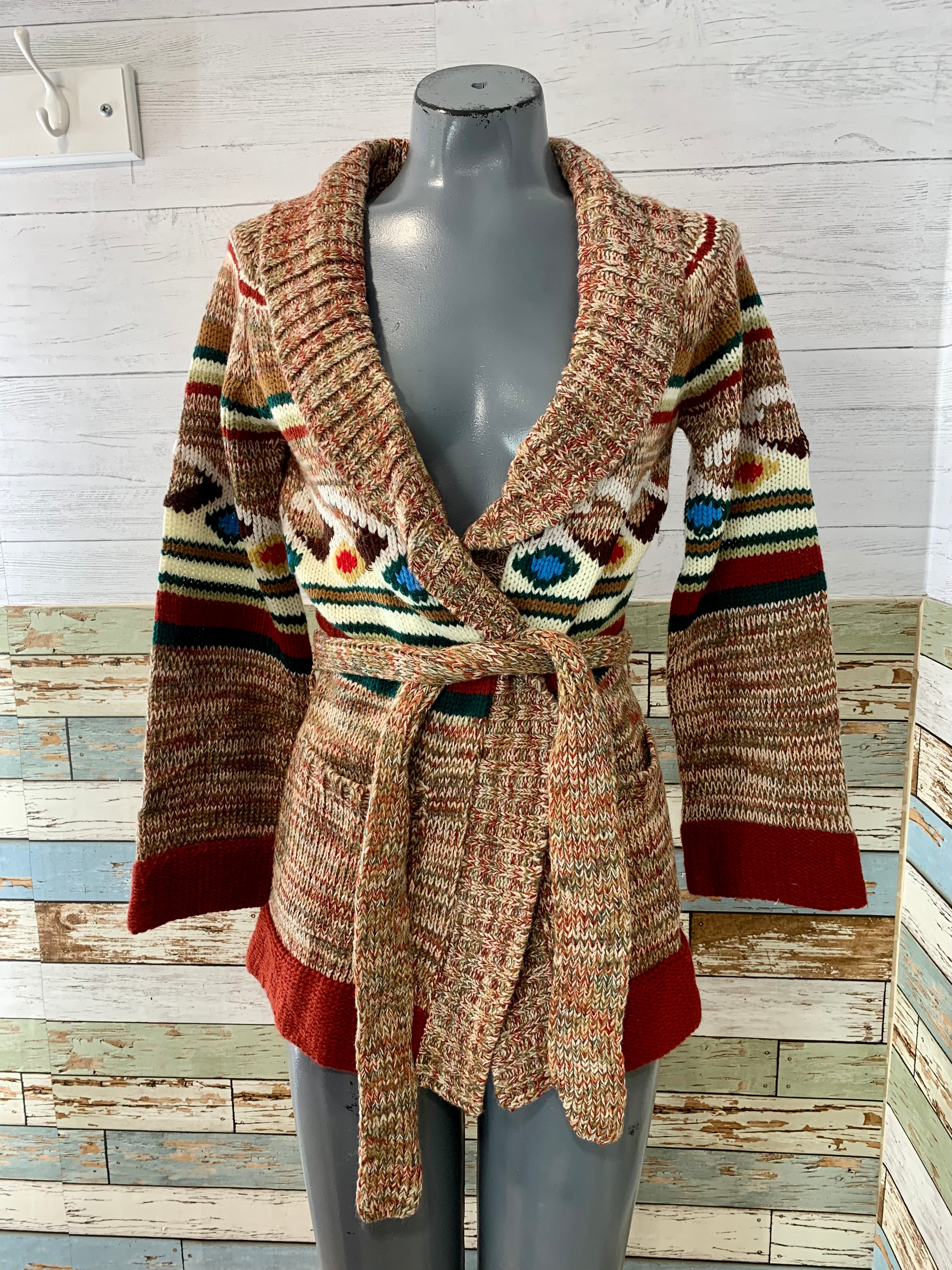 70s Multicolor Pattern Belted Sweater