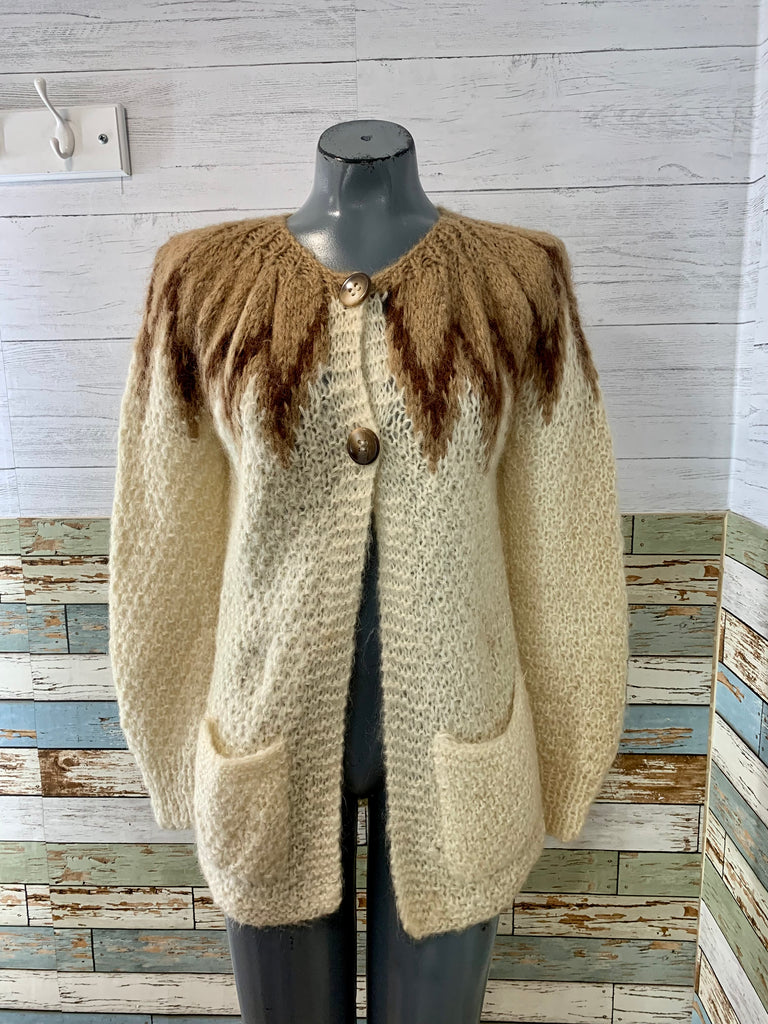 70s Beige and Brown Upper Design Knit Sweater - Hamlets Vintage