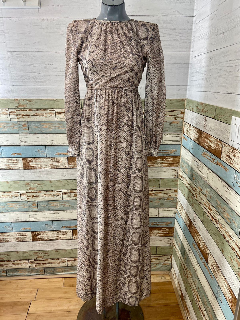 70’s Brown and Beige Shimmery Snakeskin Maxi Dress - Hamlets Vintage
