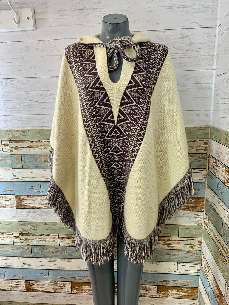 70’s Beige and Brown Fringed Knit Poncho - Hamlets Vintage